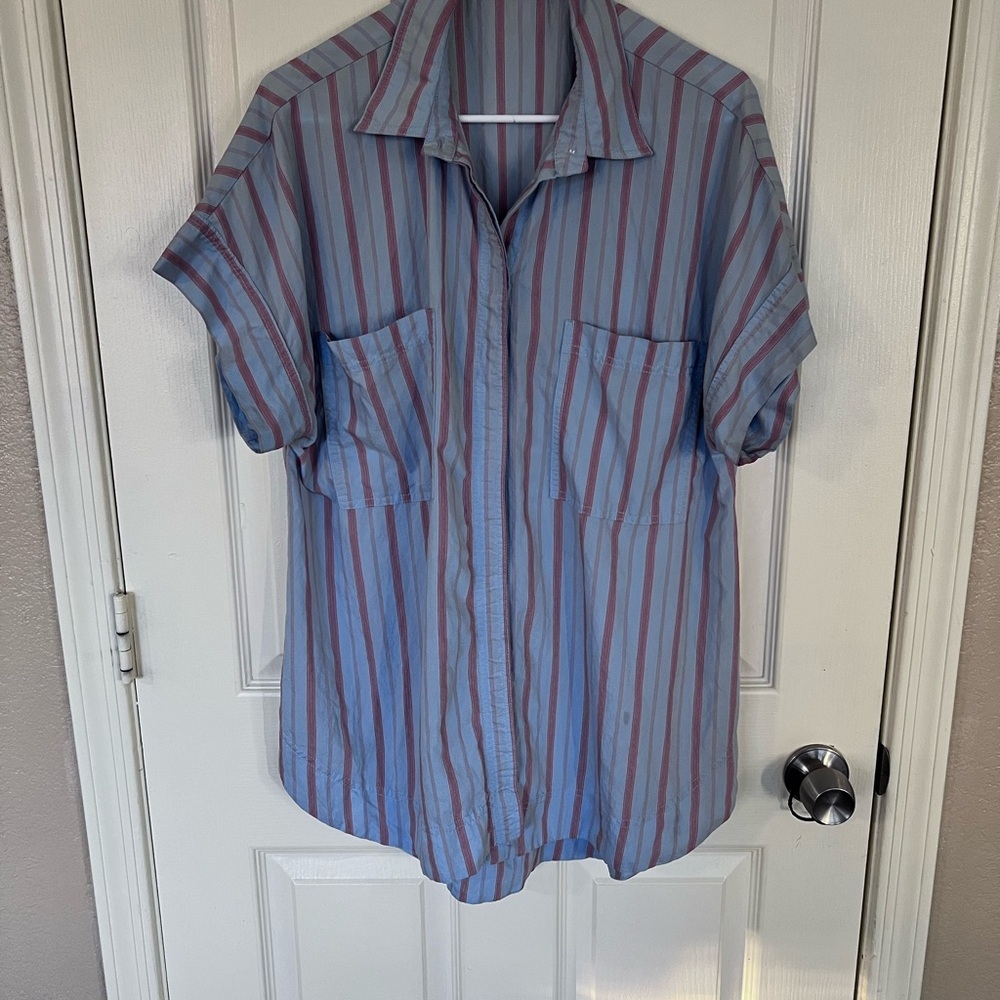 Zara Oversized Striped Poplin In Blue & Red